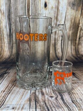 Retired Hooters Beer Mug & Shot Glass Bundle; Orange And Brown 7” & 3” Man Cave